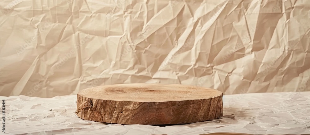 Aufkleber rustic wooden podium on beige background with crumpled paper for product presentation with copy spac