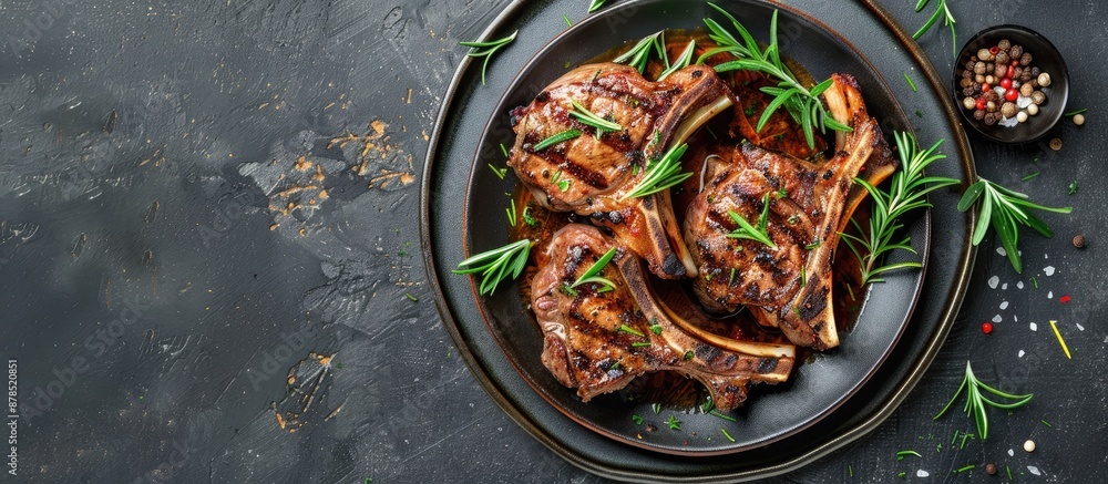 Aufkleber grilled organic lamb chops with rosemary and aromatic herbs on a plate with a blank space for adding