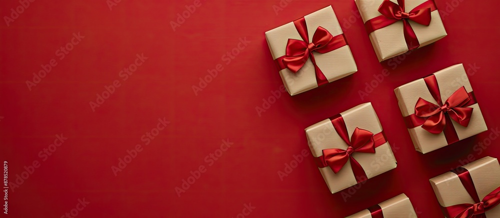 Poster various-sized gift boxes seen from a high angle, on a red background. three boxes aligned in a row, 