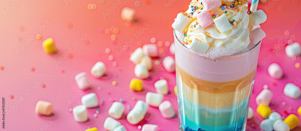 Aufkleber rainbow milkshake topped with marshmallows and whipped cream on a vibrant table background with ampl