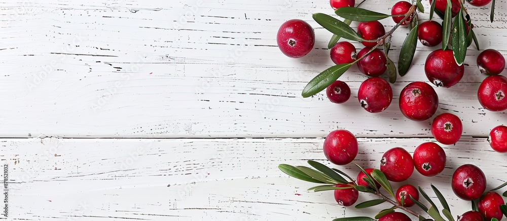 Poster top-down view of plump cranberries with branches on a white wooden surface, ideal for adding text wi