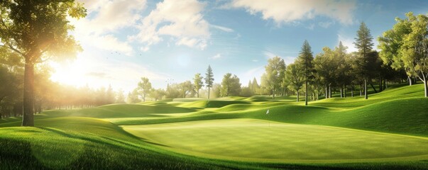Golf ball in luxury golf sport resort in nature with green grass, panorama.  Generative AI.
