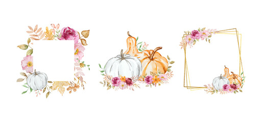 Watercolor autumn frames set with pumpkins, flowers, fall leaves
