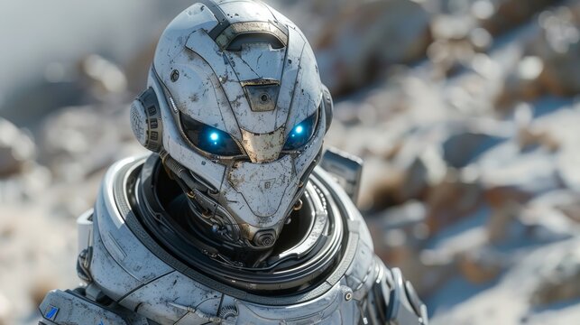 Astronaut in a high-tech suit explores an alien planet, hinting at future space travel and science advancements. The scene sparks wonder and curiosity about the universe