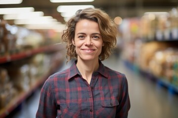 Portrait of a content woman in her 40s wearing a comfy flannel shirt while standing against busy supermarket aisle background