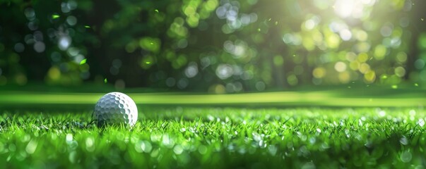 Golf ball in luxury golf sport resort in nature with green grass, panorama.  Generative AI.