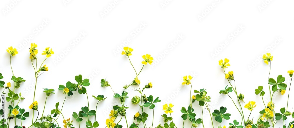 Poster yellow clover composition on a white backdrop with copy space image, laid flat and viewed from above