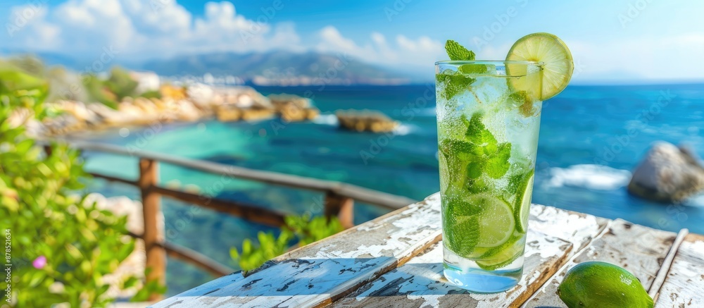 Poster mojito cocktail on a table with a scenic sea view in the background, perfect for a relaxing moment w