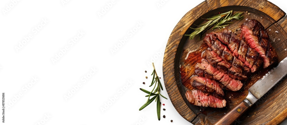 Aufkleber sliced roasted hanger or onglet beef steak on a rustic plate with a cleaver, isolated on a white bac