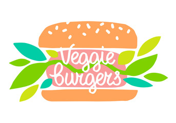 Veggie Burger icon, lettering, hand drawn label, Calligraphy. Plant based hamburger. Vector Illustration, food element for vegan cafe menu, banner.