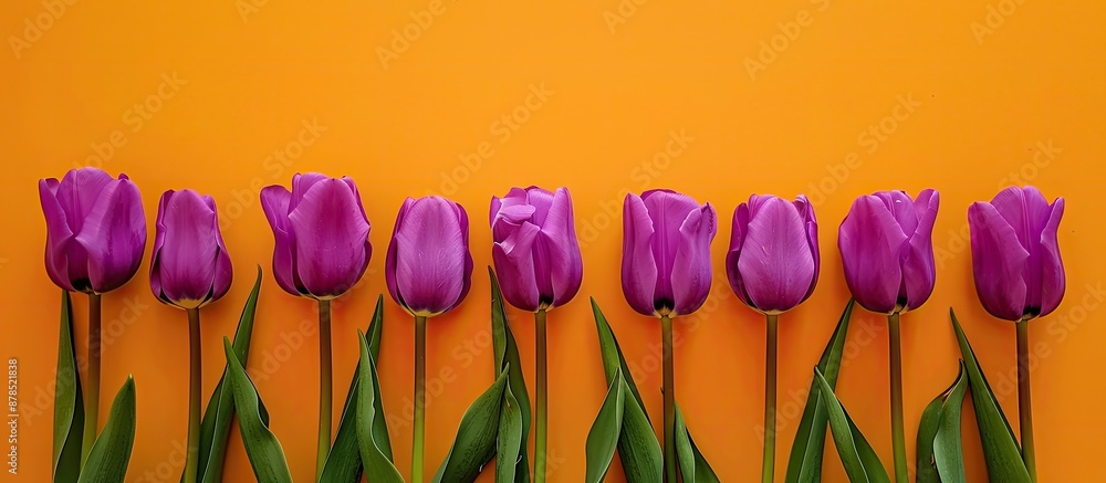 Poster purple tulips arranged neatly in a row against an orange backdrop, featuring ample copy space in the