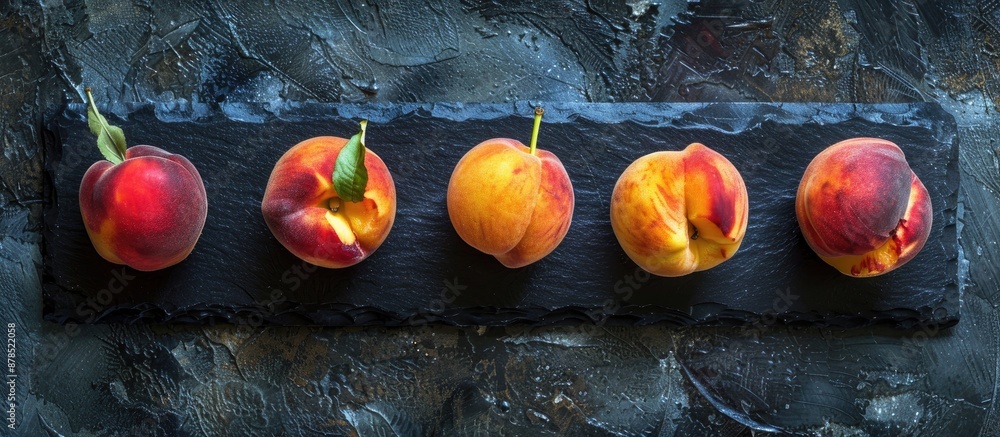 Poster peaches at different stages of ripeness displayed on a textured black stone with a focus on promotin