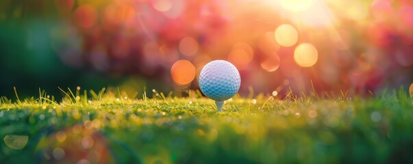 Golf ball in luxury golf sport resort in nature with green grass, panorama.  Generative AI.