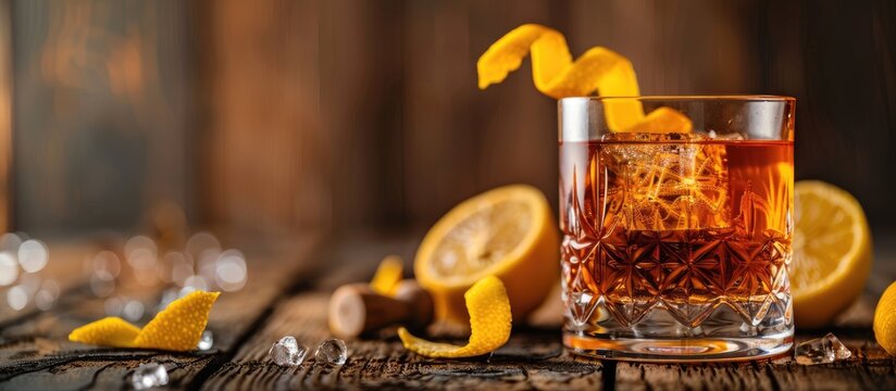 Sazerac cocktail served with a garnish of lemon peel, the foreground featuring a copy space image.