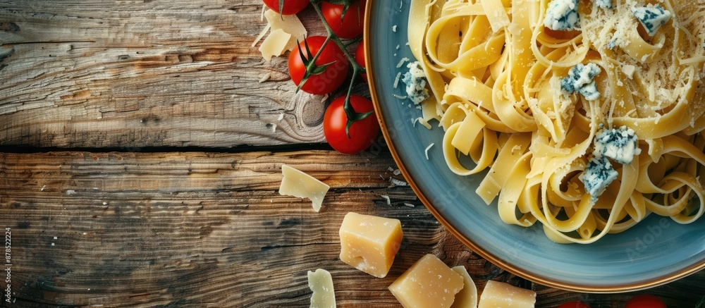 Poster top view of italian pasta with blue cheese placed on a table with ample space for adding text or gra