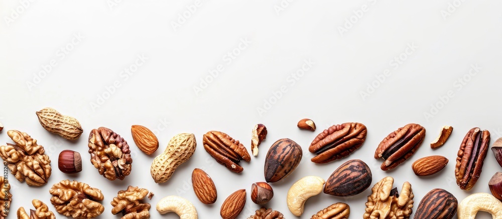 Poster pecan nut and various nuts isolated on white background with copy space image.