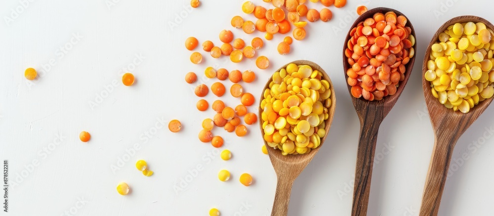 Poster overhead view of yellow and red lentils in wooden spoons on a white background with room for text. i
