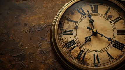 A clock with roman numerals showing the time as 10:30. The clock is old and has a vintage look to it