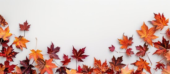 Top view of autumn maple leaves creating a border on a white background with a frame for a copy space image.