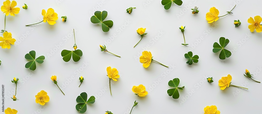 Poster Yellow clover composition on a white backdrop with copy space image, laid flat and viewed from above, placed side by side.