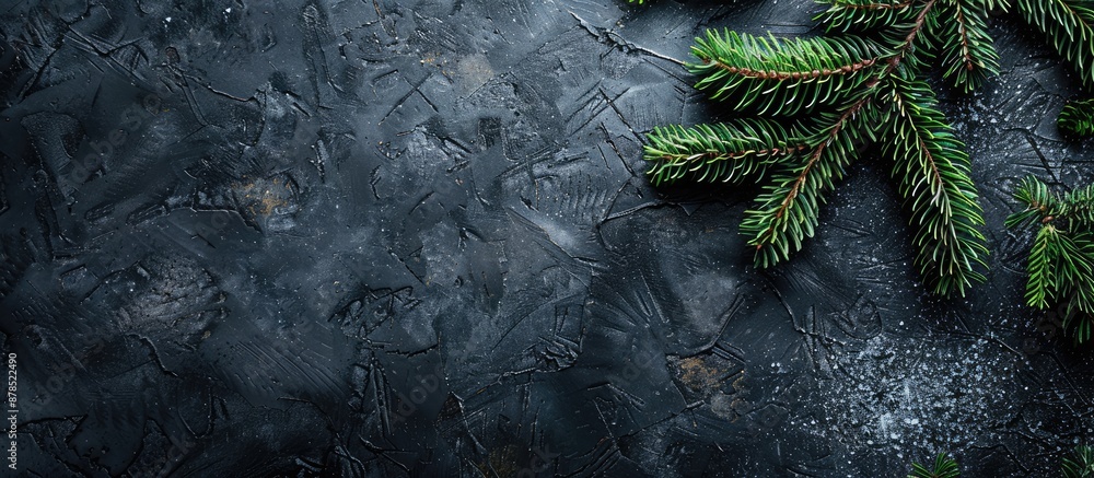 Poster top view of a festive christmas setup featuring a fir branch on a dark stone surface with ample copy
