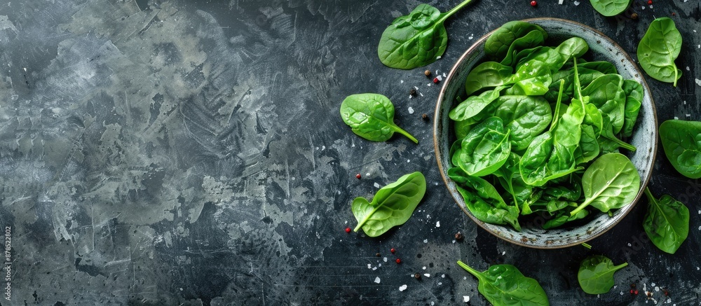 Poster Fresh organic spinach salad on rustic backdrop with ample copy space image.