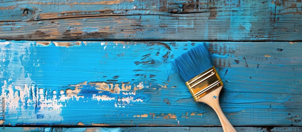 Poster using a paintbrush, create a blue design on a wooden board with copy space image.