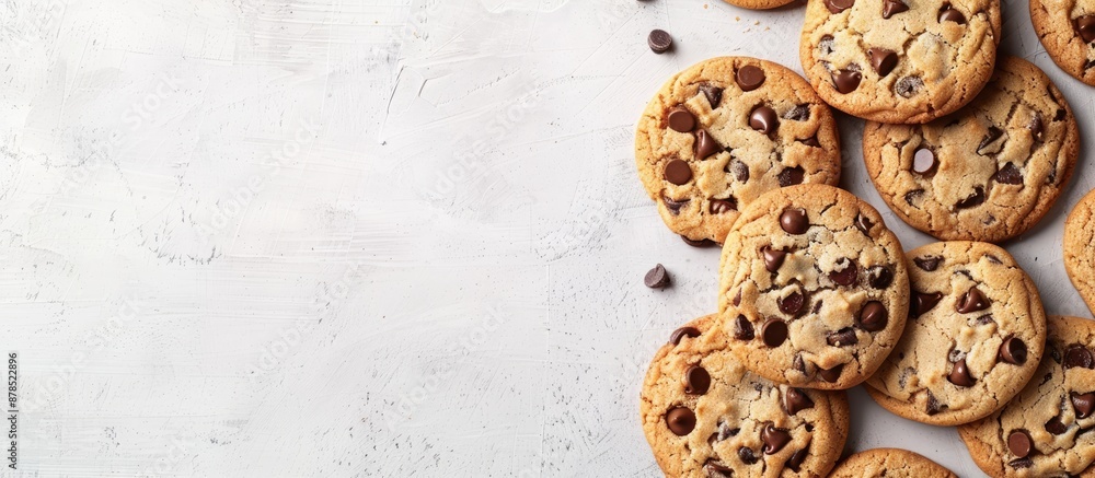 Poster top view of scrumptious chocolate chip cookies displayed on a light grey tabletop with ample space f