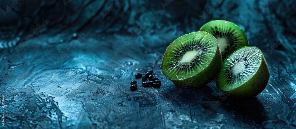 Poster halved kiwi fruits with black seeds showcased on a dark velvet backdrop, creating a striking contras
