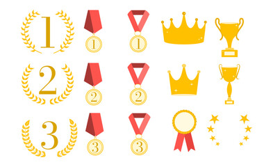 Set of medals, cups, crowns. Reward for victory. Vector. Wreath. Frame and textbox. Competing and tournament. Ranking template. Elements for design. Winner. Premium quality stickers
