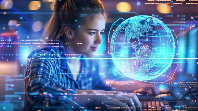 science and technology empower human and world future, digital transformation woman using computer program coding ai artificial intelligence automated futuristic background