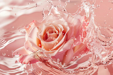 Pink rose with droplets, Champagne wine splash exploding in liquid, closeup on pastel pink background, champagne motion splash.
