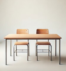 School desk and chairs isolated on white, classroom furniture for students 