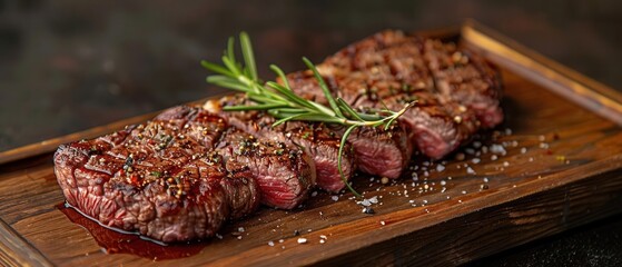 Premium Wagyu ribeye with stunning texture, on a wooden tray, high resolution, delicious and inviting,