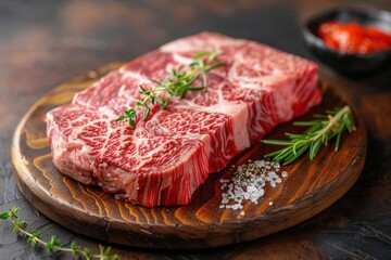 Fototapeta premium Large Wagyu ribeye with stunning marbling, juicy and delicious, presented on a wooden tray, natural lighting enhancing its textures, close-up shot for detail