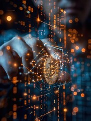Close-up of a businessman's hand converting money to cryptocurrency, digital coin with holographic financial elements, softly illuminated, detailed macro shot for clarity