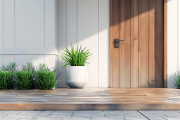 Modern front entrance door in a suburban home, quaint small house with a contemporary facade. The garden features a European-inspired landscape,