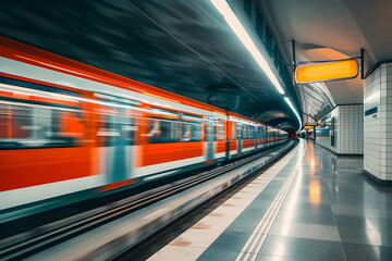 Obraz premium Subway train station motion blur background. Long exposure subway station with blurry moving train.