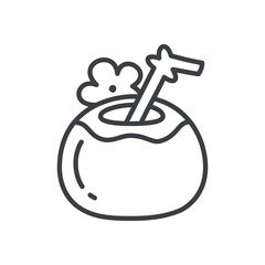Cute coconut water icon. Hand drawn monochrome illustration of a young coconut with straw isolated on a white background. Kawaii sticker. Vector 10 EPS.