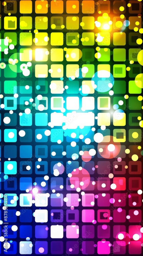 Poster a vibrant digital background with a grid of colorful squares and glowing circles