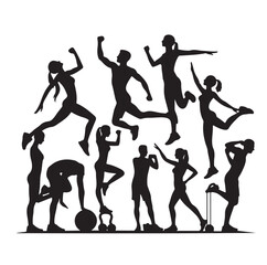 People Engaged In Fitness silhouettes vector illustration 