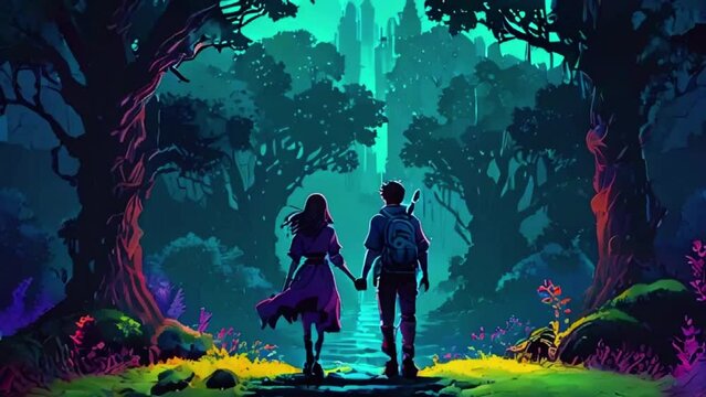 A couple walks hand in hand through a lush, magical garden flowers bloom in heart, fireflies dance. runs garden, moonlight, 4K 2D Japanese anime Cyan purple colors manga style wallpaper animation