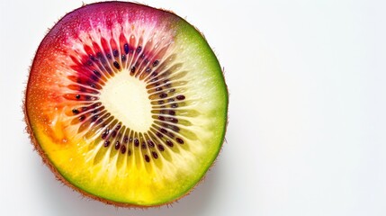 Sliced rainbow red kiwi fruit, showcasing the vibrant and unique interior against a white background