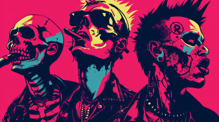 A punk rock poster, flyer or album cover. Color scheme is intense, embody punk ethos. Grunge texture. Skulls and rebellious spirit of musical anarchy and independence. 