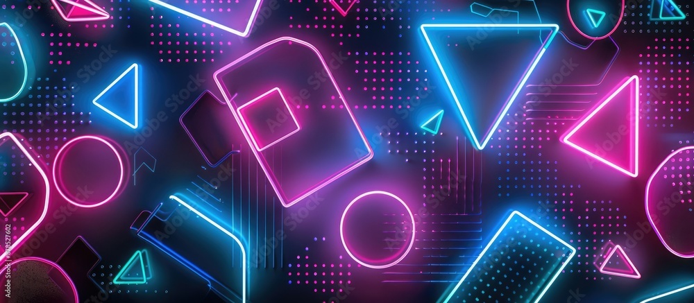 Poster bright, colorful neon geometric shapes and lines on a dark background creating a dynamic visual effe