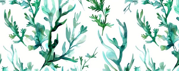 Naklejka premium Watercolor seamless pattern with abstract algae in green, blue, and white. Ideal for fabric, wallpaper, or invitations with a natural and elegant touch. Evokes organic beauty of underwater world