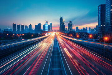 Fototapeta premium Long Exposure of Busy Highway at Night with Light Trails