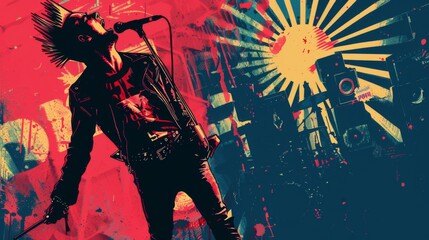 A punk rock poster, flyer or album cover. Color scheme is intense, embody punk ethos. Grunge texture. Skulls and rebellious spirit of musical anarchy and independence. 
