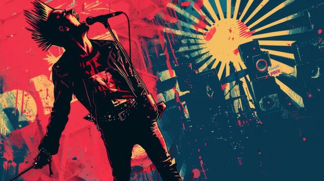 A punk rock poster, flyer or album cover. Color scheme is intense, embody punk ethos. Grunge texture. Skulls and rebellious spirit of musical anarchy and independence. 