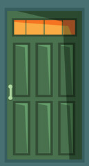 Closed green front door with a window, sunlight is shining through the window